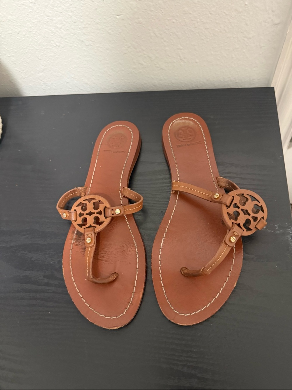 Tory Burch Brown Leather Logo Thong Sandals